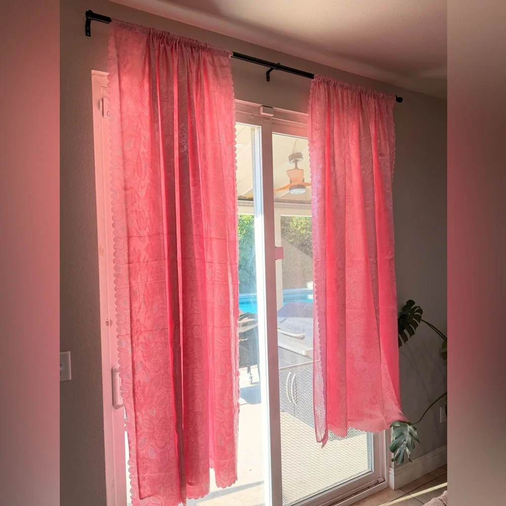 Vintage Pink Sheer Curtains Floral Lace Set Cottagecore